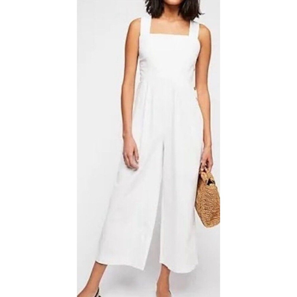 Free People Farrah White Pleaded Front Wide Leg Button Chic Jumpsuit Pockets Sz4